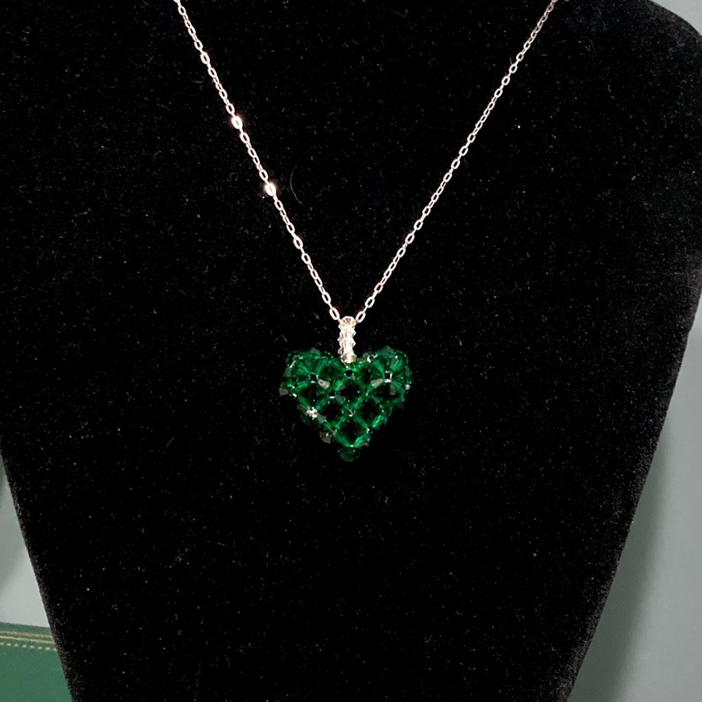 Emerald Green Swarovski Bicone Crystal Heart Pendant Necklace 18" Sterling